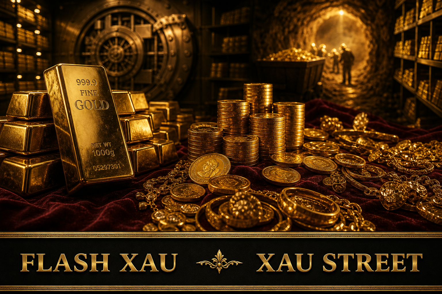 Gold bars, coins, and jewelry displayed on a rich velvet background, symbolizing investment options.