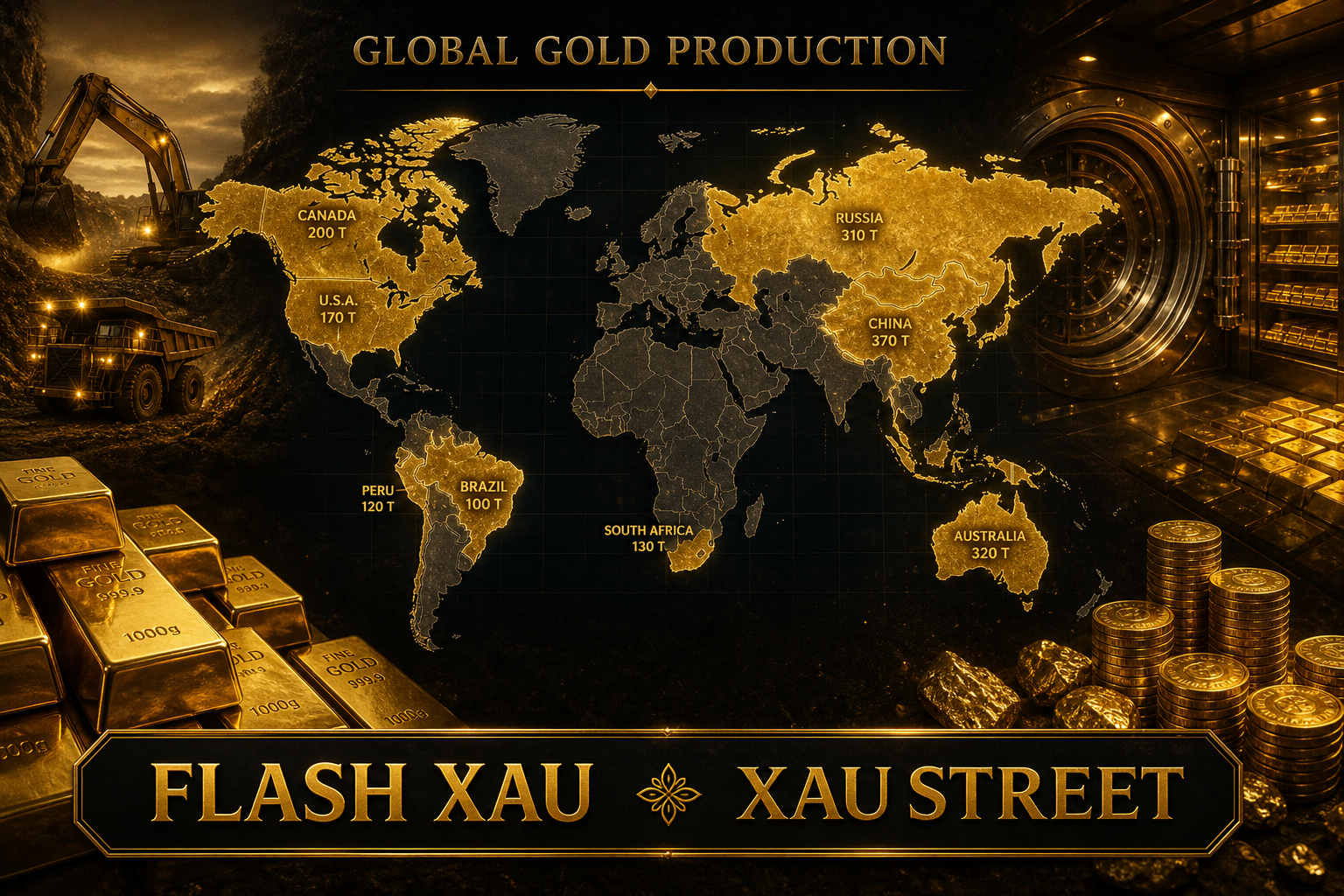 Illustration of global gold production map with highlighted countries, symbolic, no faces