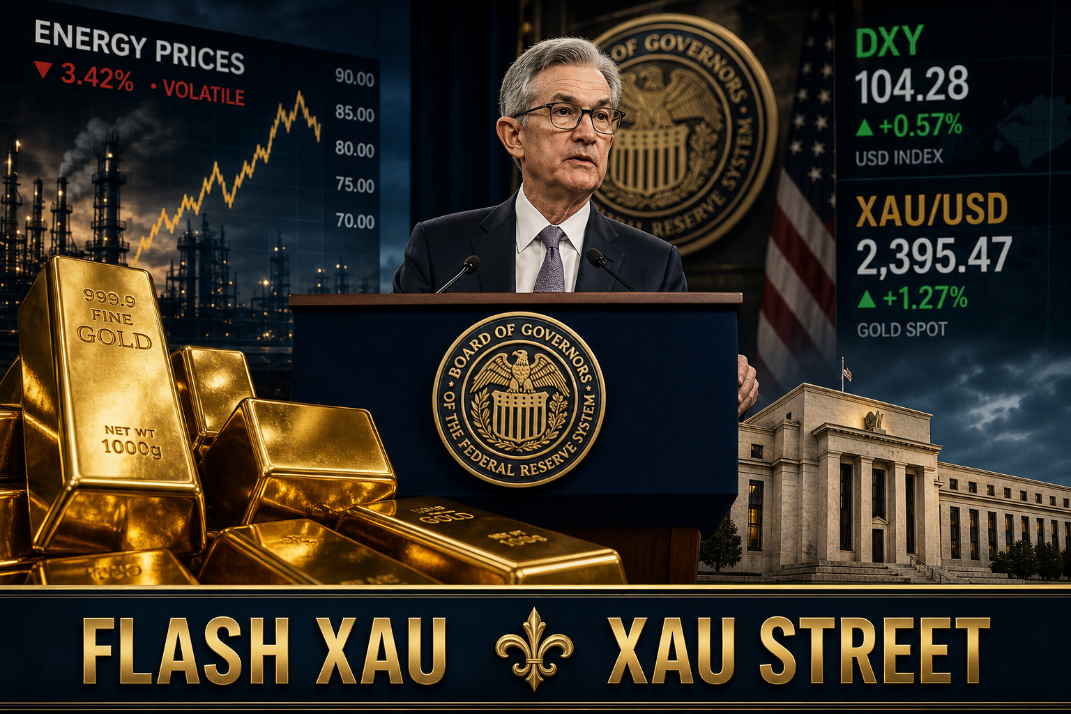 gold bars with fluctuating energy prices in background, economic tension, symbolic representation