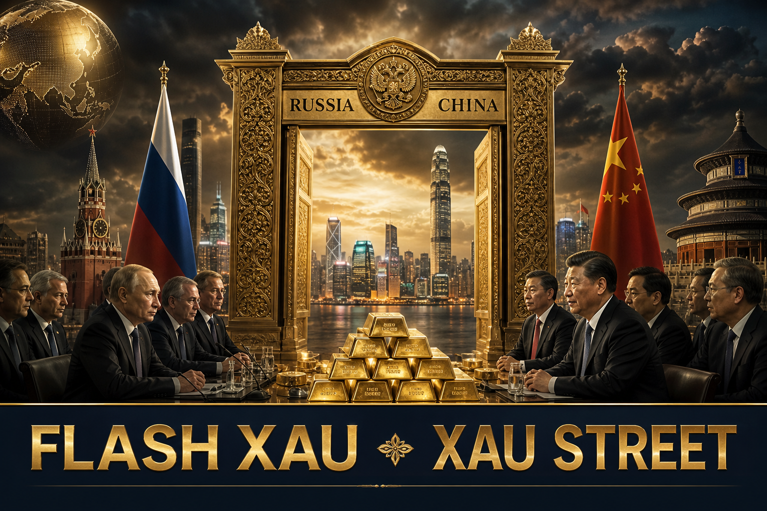 A symbolic image of a golden gateway between Russia and China, featuring bullion bars and Hong Kong skyline, cinematic and editorial.