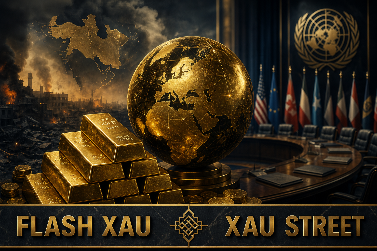 Cinematic depiction of geopolitical tension, symbolic elements of gold as a safe haven, abstract representation of Middle Eastern conflict, no real people, no faces, no politicians.