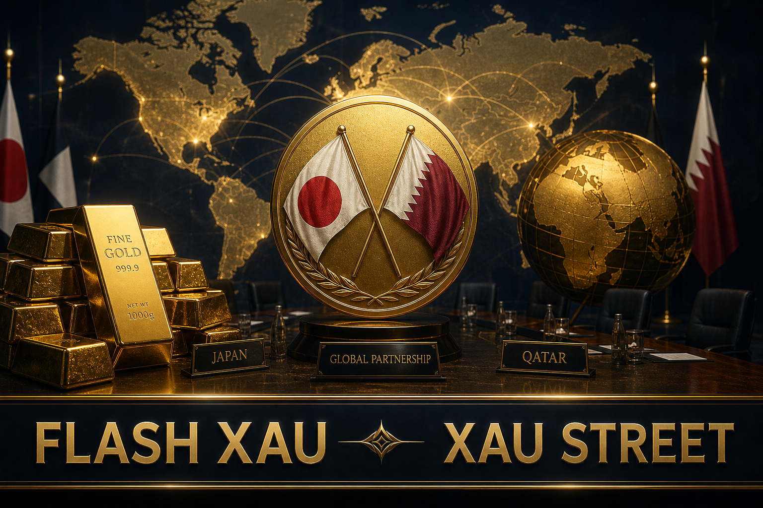 Cinematic editorial image depicting a symbolic gold medal with flags of Japan and Qatar, set against a backdrop of a global map, no faces or real people.