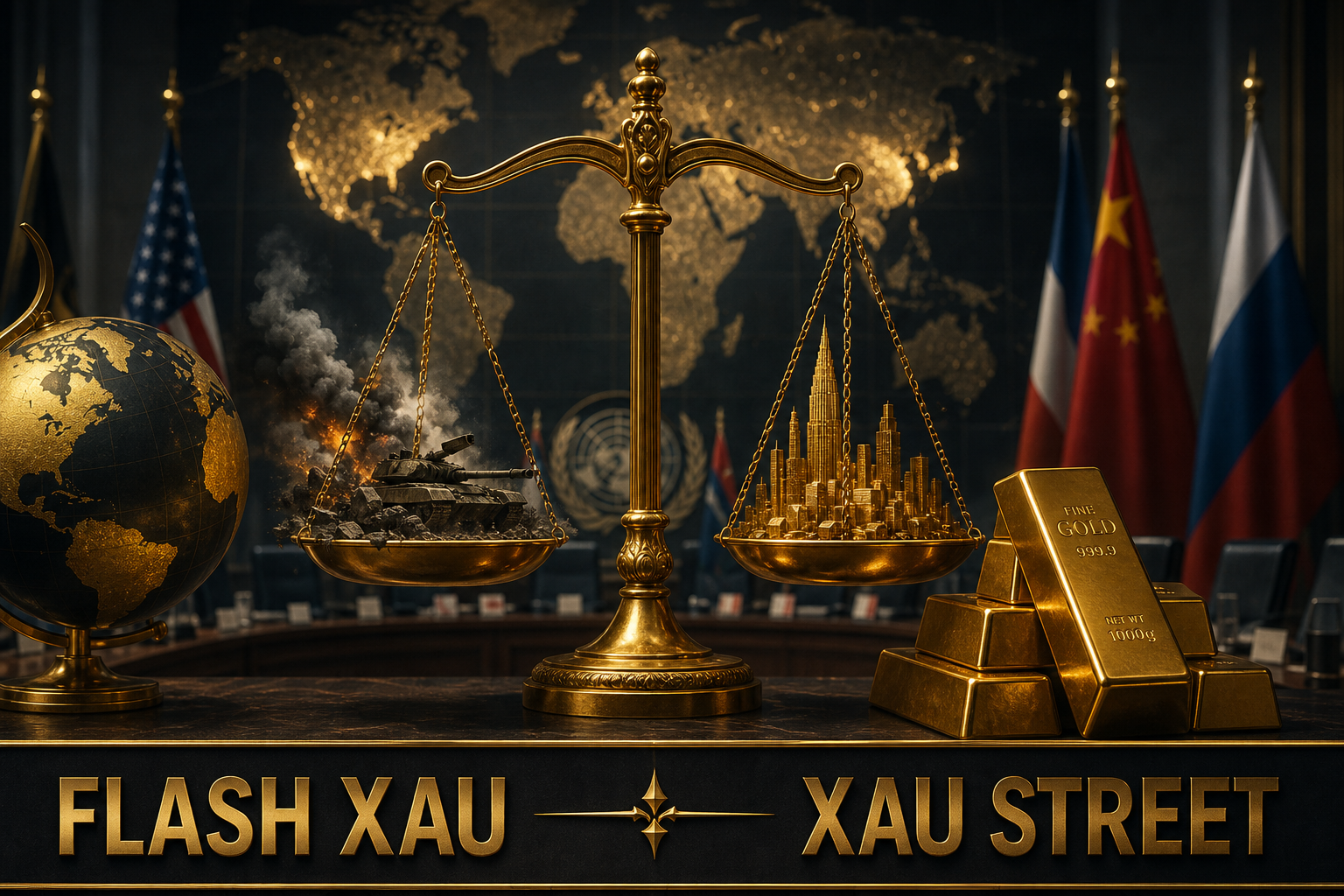 Cinematic editorial image depicting a symbolic representation of geopolitical tensions affecting gold markets, featuring abstract elements like a golden scale balancing between conflict and stability, with no real people or faces.