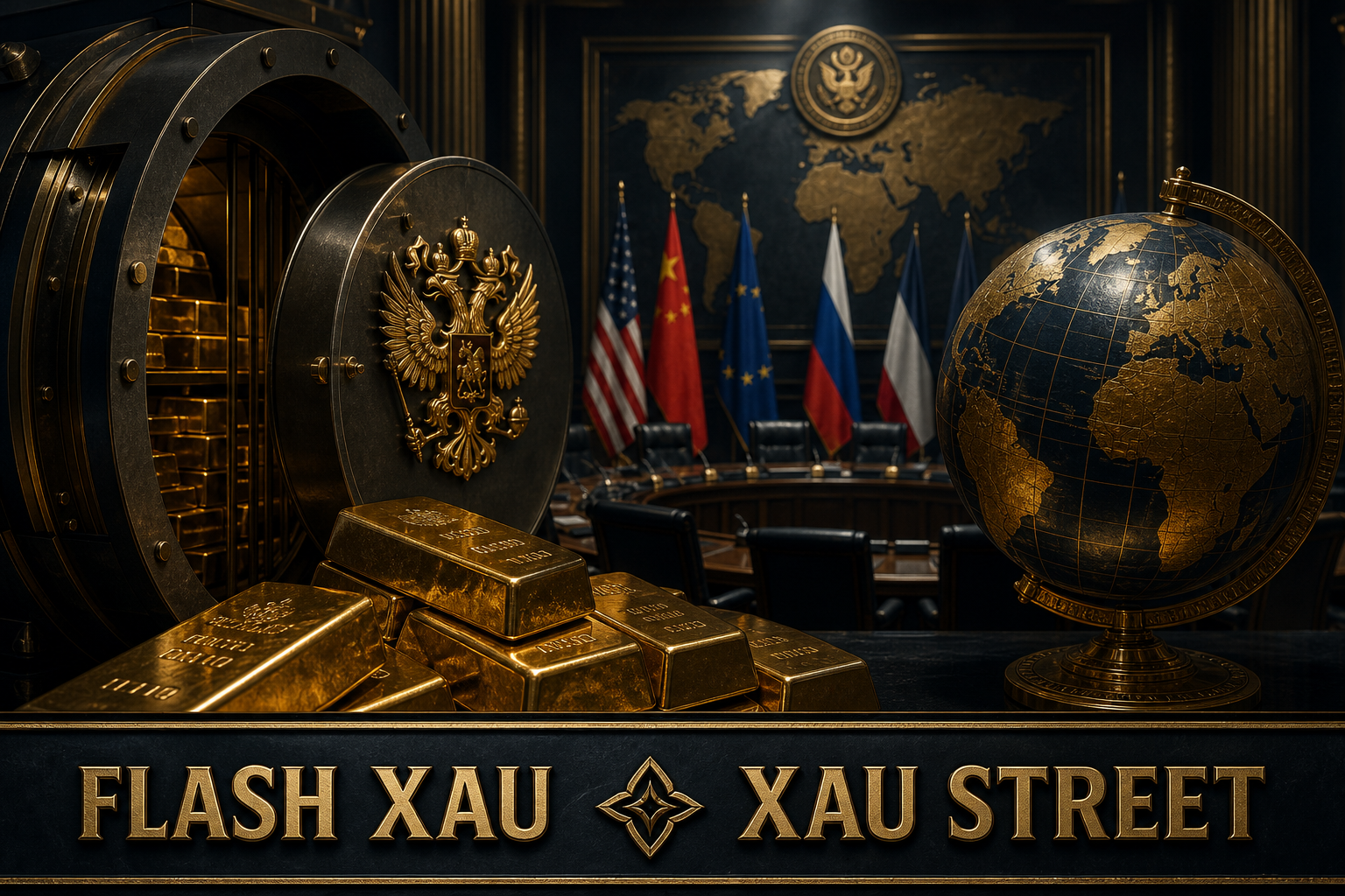 Cinematic editorial of a symbolic gold vault with Russian symbols, dim lighting, no real people, no faces