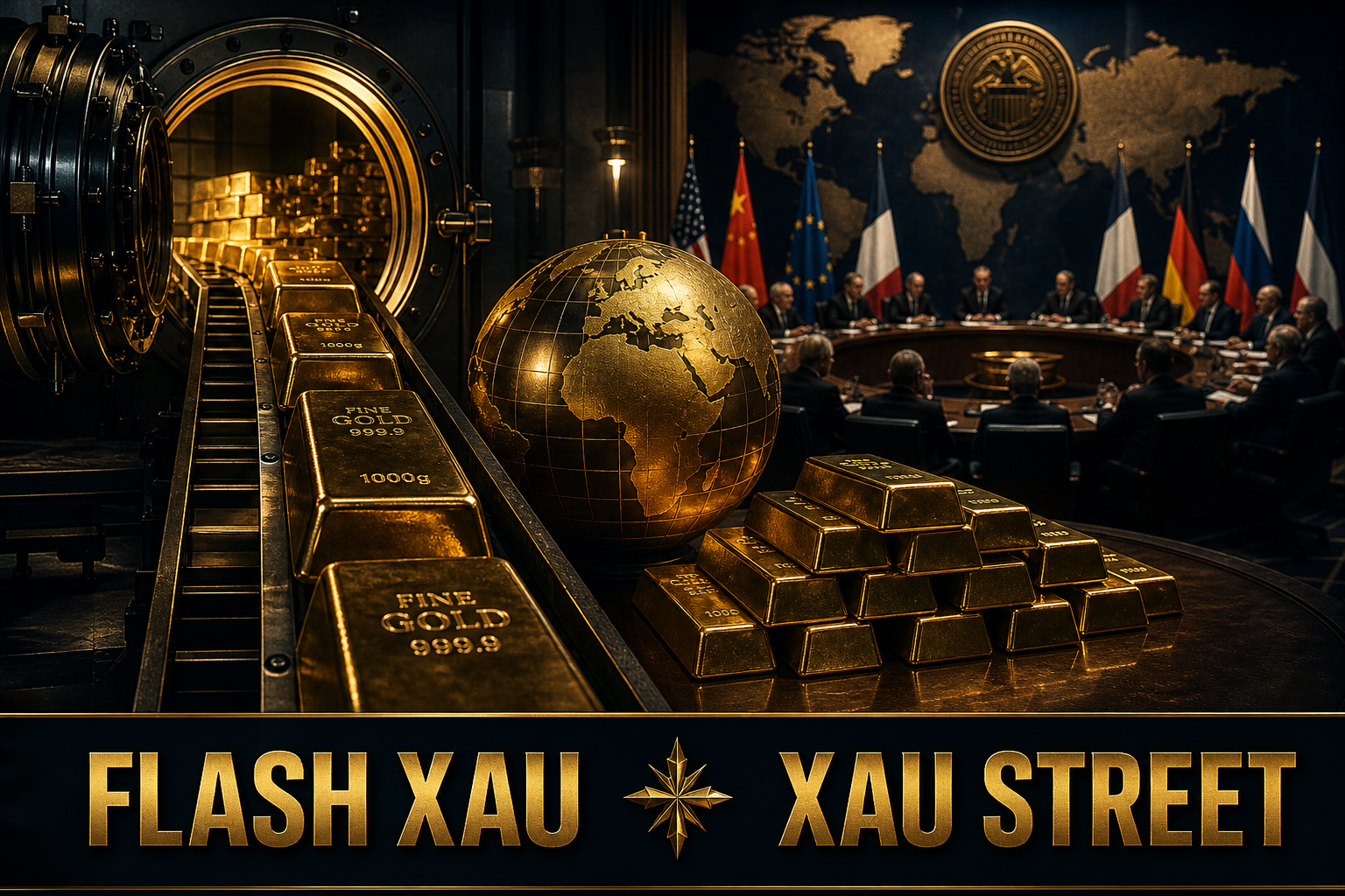Cinematic editorial of gold bars being moved from a vault, symbolic of financial shifts, no real people, dramatic lighting
