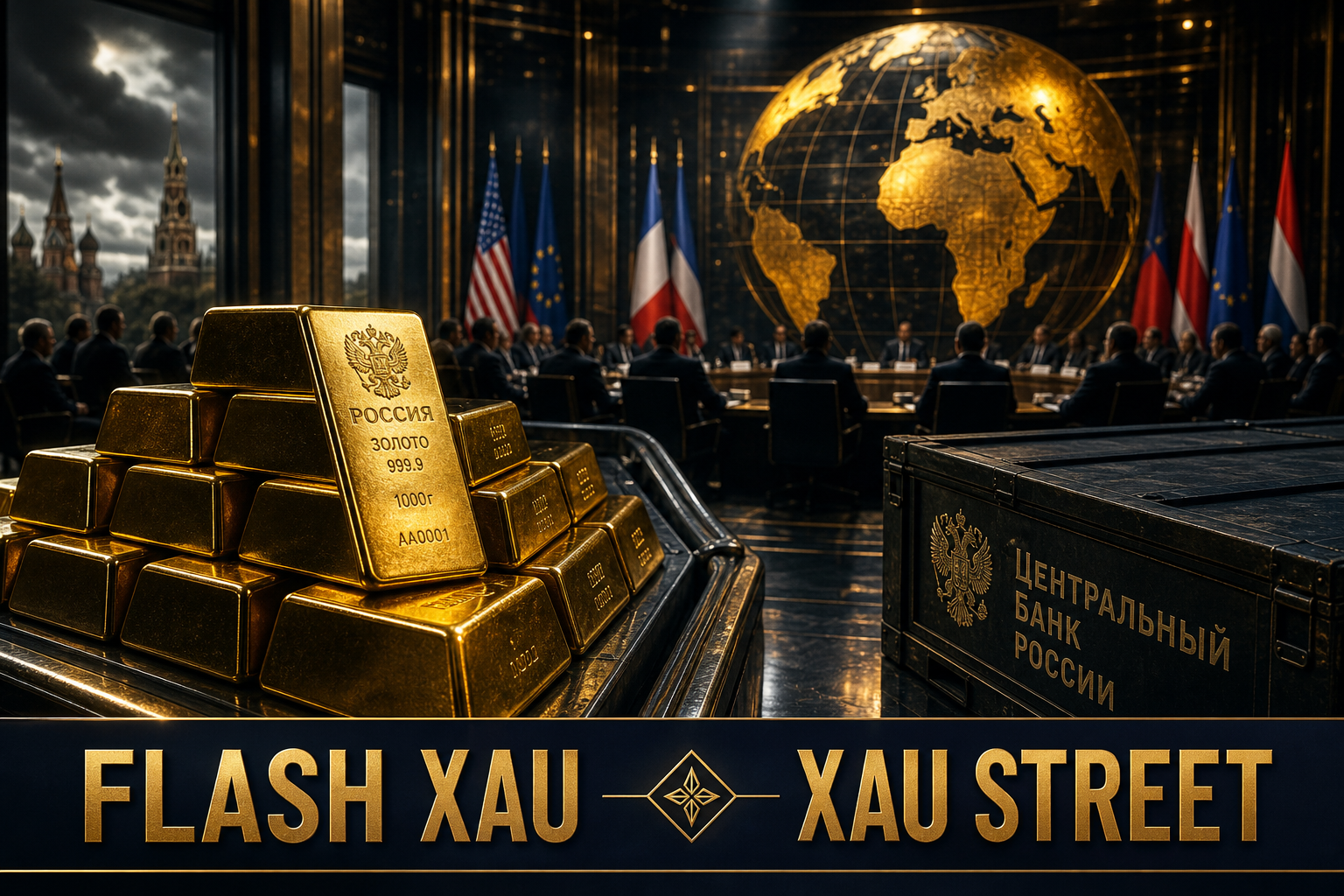 Russian gold bars being moved symbolically in a dramatic, cinematic setting, representing economic shifts, no real people