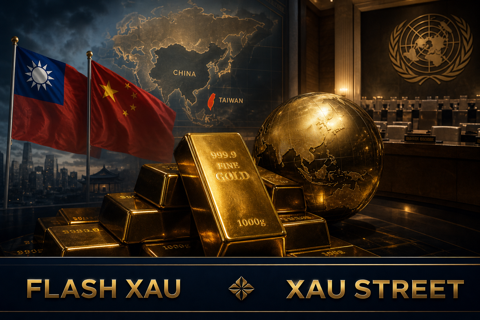 Symbolic image of gold bars with a backdrop of geopolitical tension, abstract representation of Taiwan and China, no real people, cinematic lighting