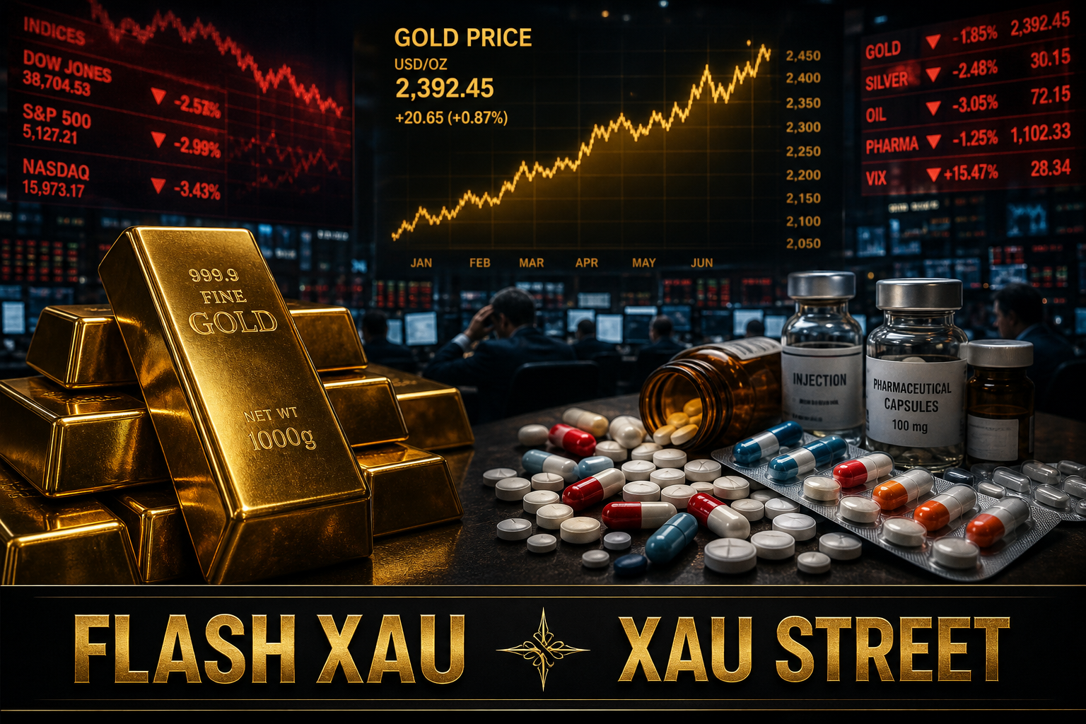Cinematic editorial depiction of gold bars and pharmaceutical pills, symbolizing the intersection of safe investments and healthcare, no real people, no faces, no politicians
